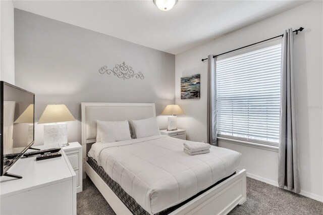 bedroom with multiple windows and light colored carpet