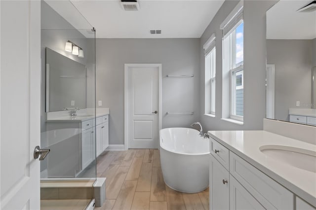 bathroom featuring plus walk in shower, hardwood / wood-style floors, and vanity