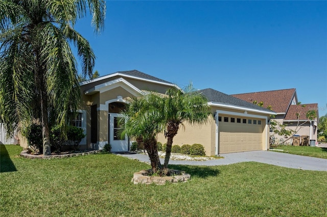 view of front of property with a garage, concrete driveway, a front lawn, and stucco siding