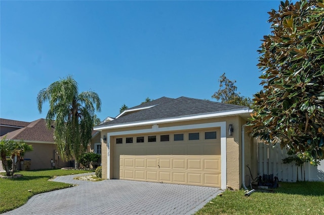 view of front of property with roof with shingles, decorative driveway, a front yard, and stucco siding