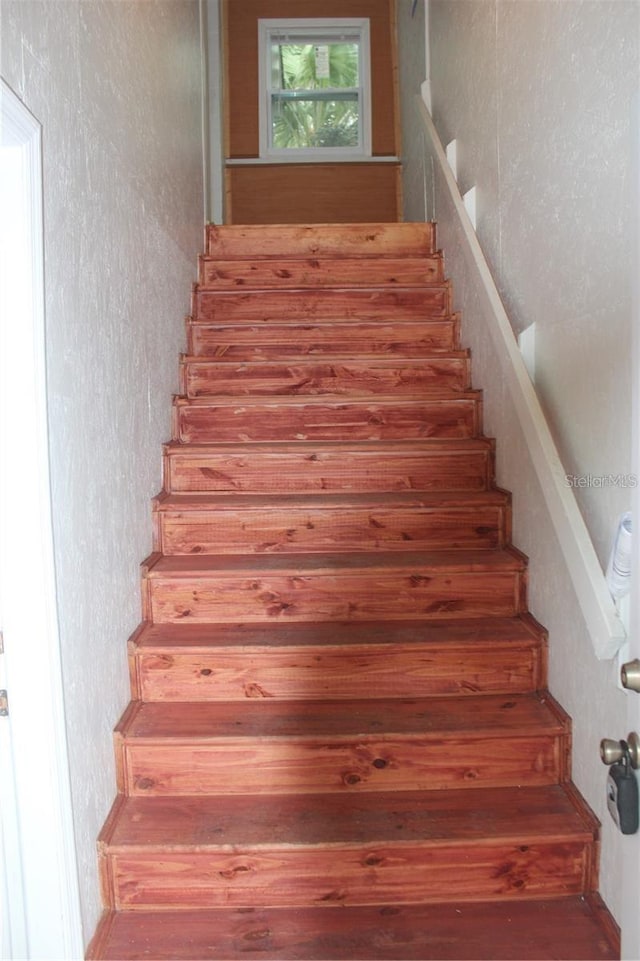 staircase with hardwood / wood-style floors