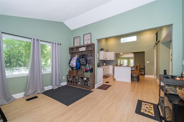 interior space featuring lofted ceiling and light wood-type flooring