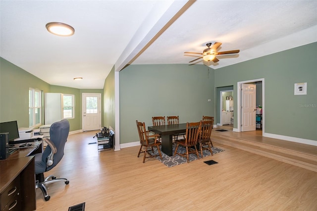 office area with ceiling fan, vaulted ceiling, and light hardwood / wood-style floors