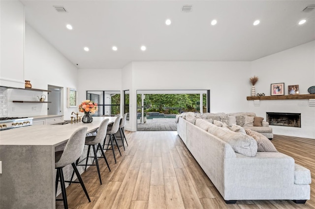 living room featuring a towering ceiling, sink, and light wood-type flooring