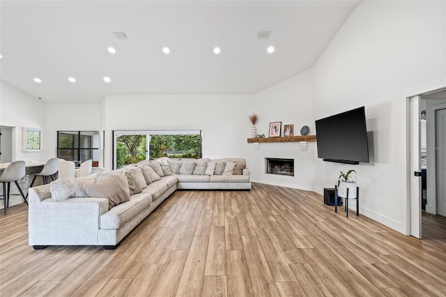 living room featuring a towering ceiling and light hardwood / wood-style floors