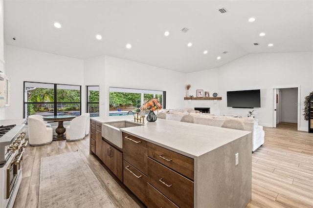 kitchen featuring sink, double oven range, high vaulted ceiling, light hardwood / wood-style floors, and a center island with sink