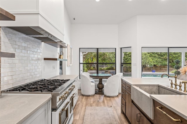 kitchen featuring sink, light hardwood / wood-style flooring, high end range, tasteful backsplash, and white cabinets