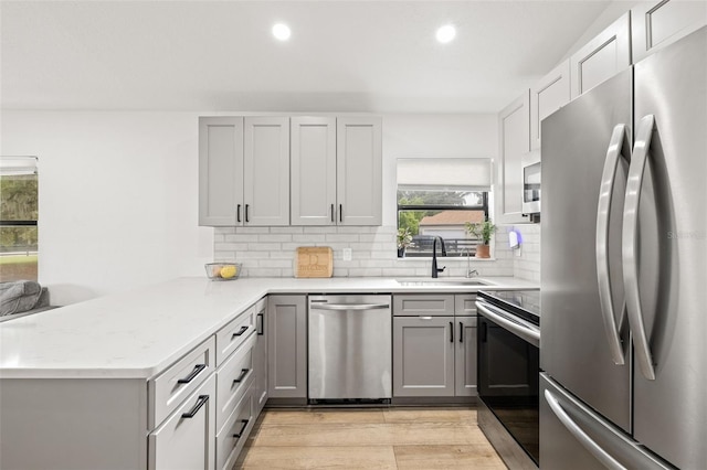 kitchen featuring sink, gray cabinetry, stainless steel appliances, decorative backsplash, and kitchen peninsula