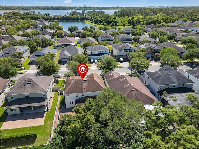 drone / aerial view with a water view