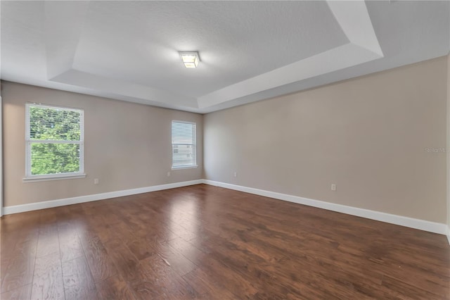 unfurnished room featuring dark wood-type flooring, a healthy amount of sunlight, and a tray ceiling