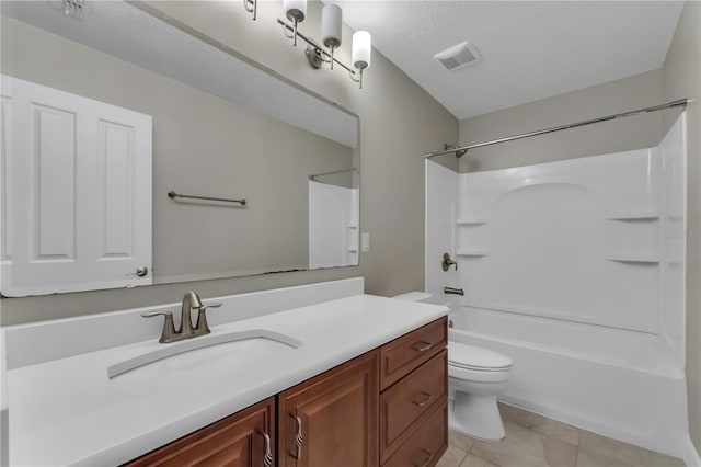 full bathroom featuring shower / tub combination, vanity, tile patterned flooring, and toilet