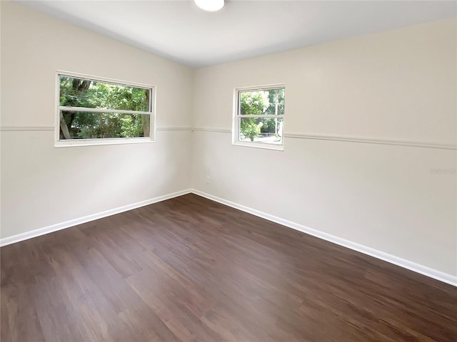 spare room featuring lofted ceiling and dark wood-type flooring