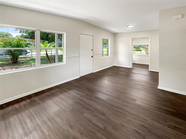 empty room featuring vaulted ceiling and dark hardwood / wood-style flooring