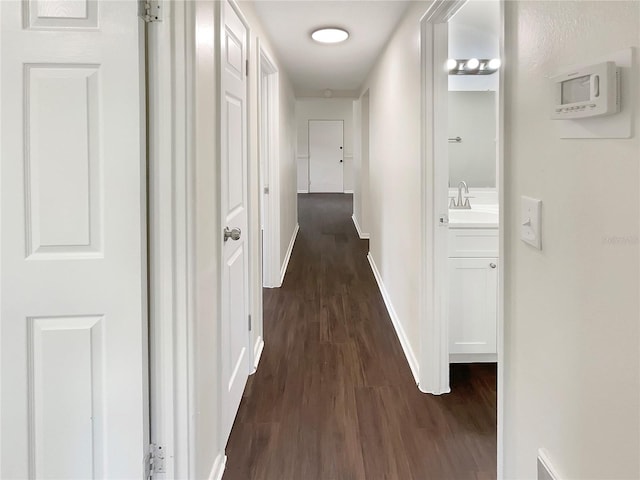 hallway with dark hardwood / wood-style flooring and sink