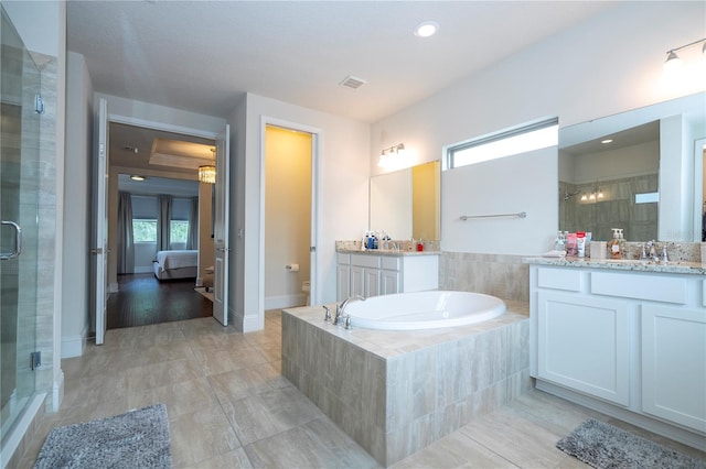 full bathroom featuring vanity, wood-type flooring, a wealth of natural light, and separate shower and tub