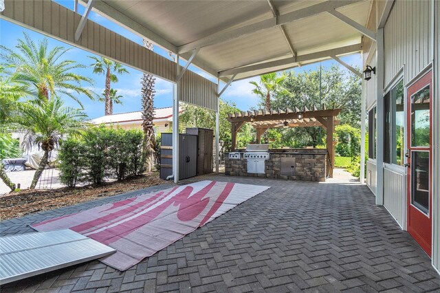 view of patio / terrace with grilling area, a pergola, and an outdoor kitchen