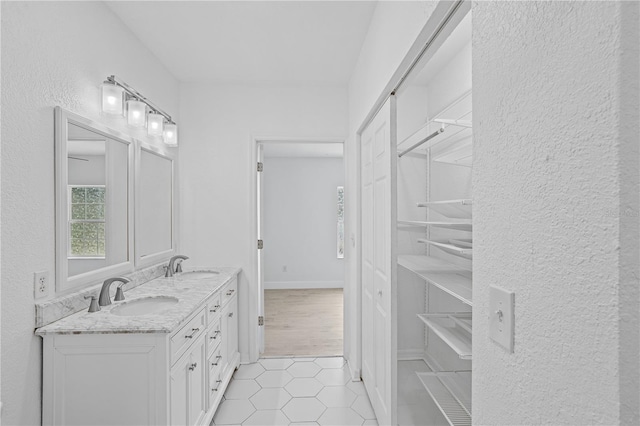 bathroom featuring hardwood / wood-style flooring and dual bowl vanity