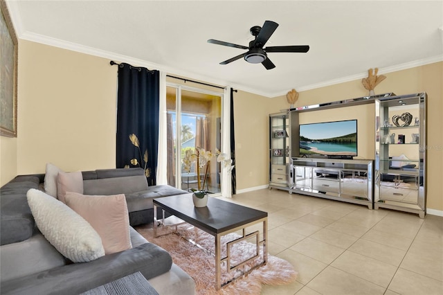 tiled living room featuring ceiling fan and crown molding