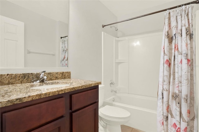 full bathroom with vanity, toilet, shower / bathtub combination with curtain, and tile patterned flooring