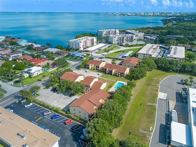 drone / aerial view featuring a water view