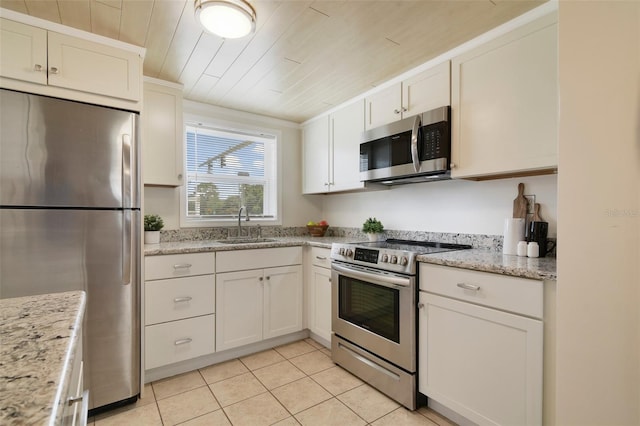 kitchen with white cabinetry, light tile patterned floors, wood ceiling, appliances with stainless steel finishes, and sink