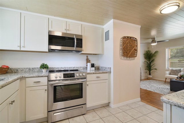 kitchen with light hardwood / wood-style flooring, ceiling fan, stainless steel appliances, light stone countertops, and wooden ceiling