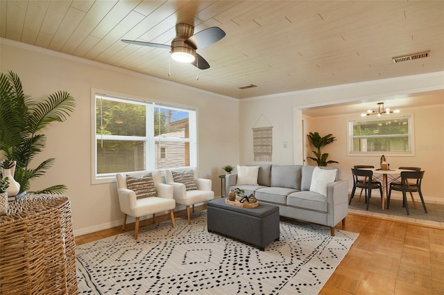 living room featuring light parquet floors, crown molding, wooden ceiling, and ceiling fan with notable chandelier