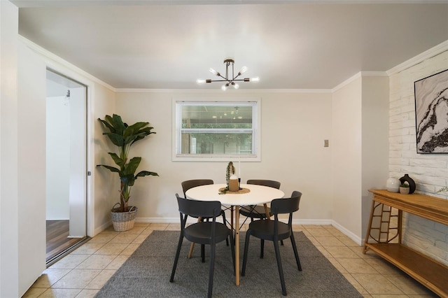 tiled dining area with an inviting chandelier and crown molding