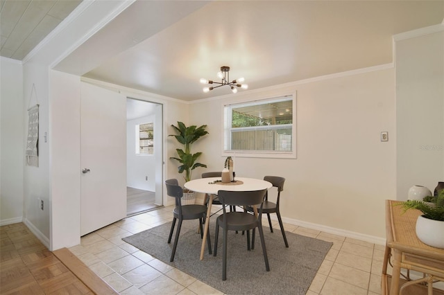 tiled dining room with an inviting chandelier and ornamental molding