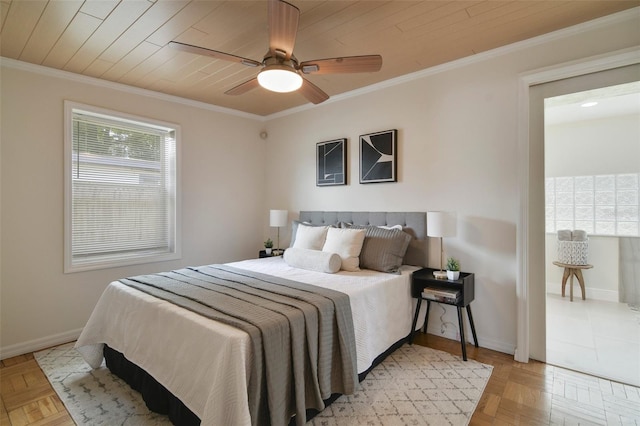 bedroom featuring light parquet floors, wooden ceiling, crown molding, and ceiling fan