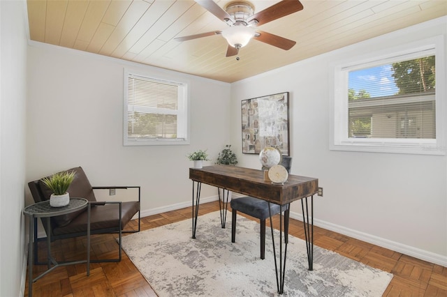 office space with parquet floors, ceiling fan, and wood ceiling