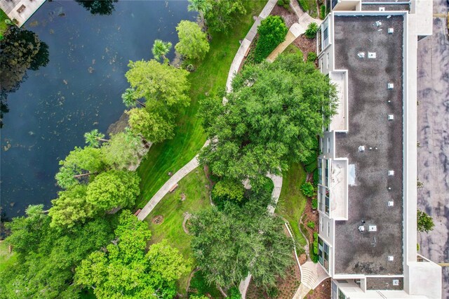 drone / aerial view featuring a water view