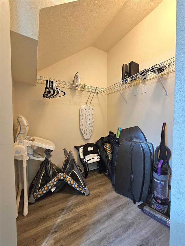 walk in closet featuring wood-type flooring and vaulted ceiling