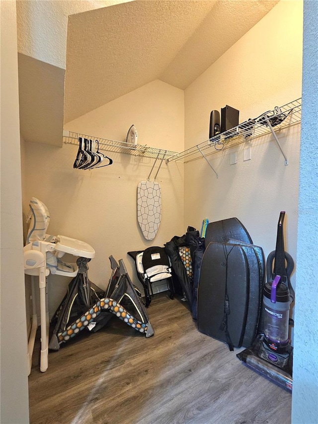 walk in closet with hardwood / wood-style floors and vaulted ceiling