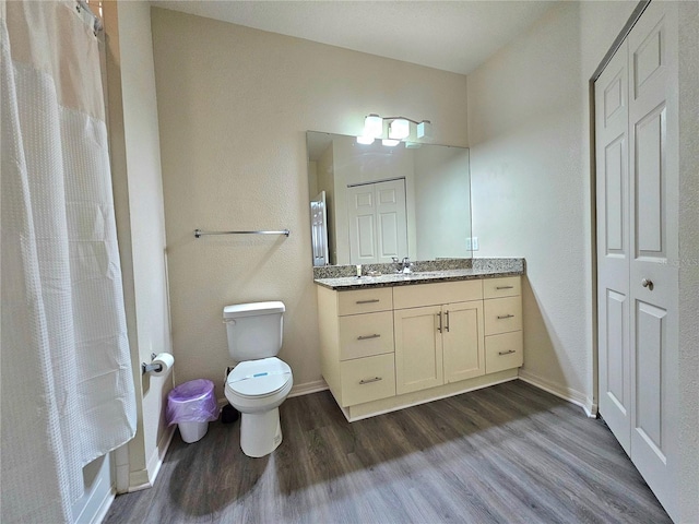 bathroom featuring vanity, wood-type flooring, a shower with shower curtain, and toilet