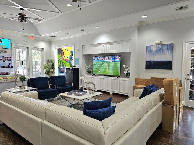 living room with ornamental molding, ceiling fan, french doors, and dark wood-type flooring