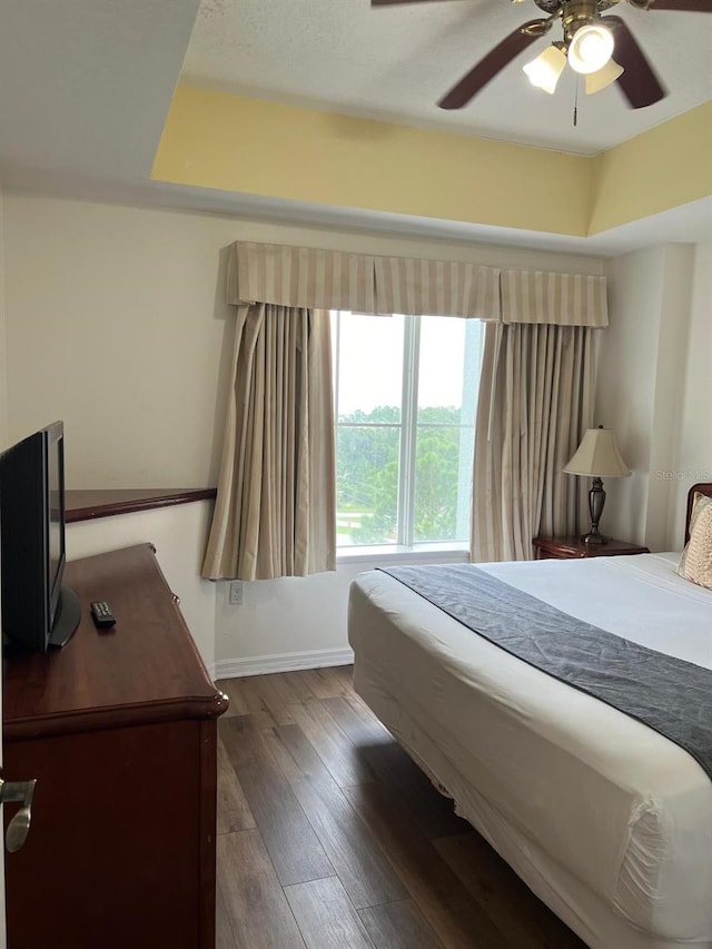 bedroom featuring ceiling fan, a raised ceiling, and dark hardwood / wood-style flooring