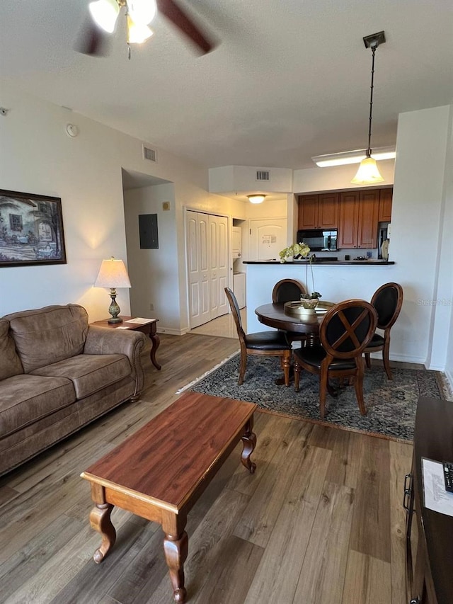 living room with hardwood / wood-style floors and ceiling fan