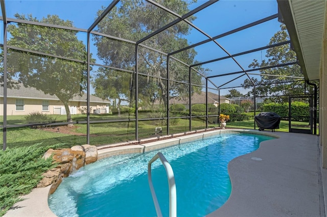 404 Hightower Dr, Debary, FL 32713 - swimming pool featuring a lawn, glass enclosure, a patio area, and area for grilling
