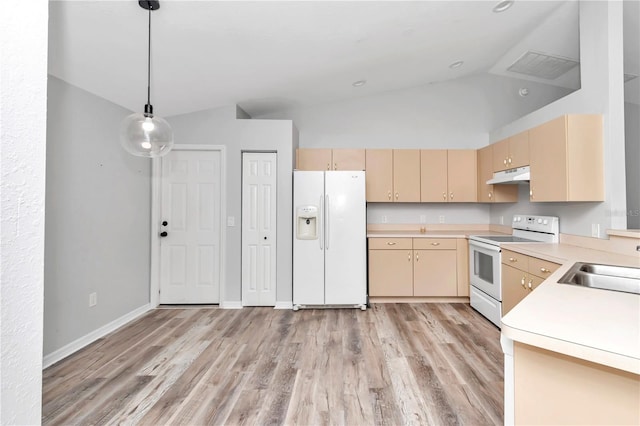 kitchen featuring light hardwood / wood-style floors, light brown cabinetry, pendant lighting, and white appliances