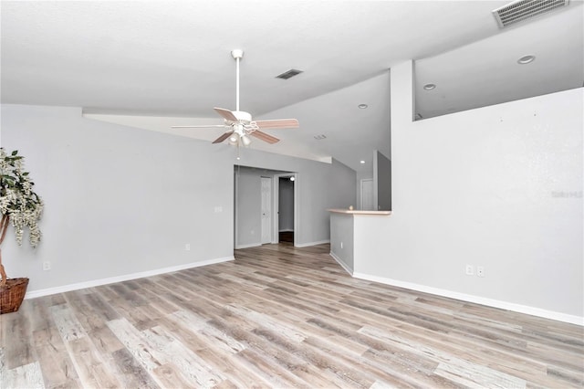 unfurnished living room featuring high vaulted ceiling, light wood-type flooring, and ceiling fan