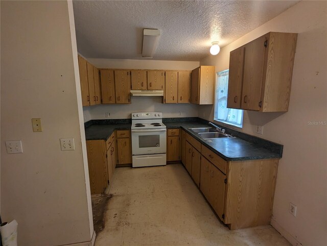 kitchen featuring sink, white electric stove, a textured ceiling, and light tile patterned floors