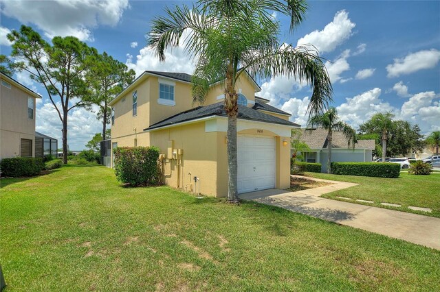 view of home's exterior with a garage and a lawn