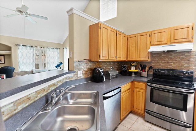 kitchen featuring stainless steel dishwasher, ceiling fan, high vaulted ceiling, electric range oven, and light tile patterned floors