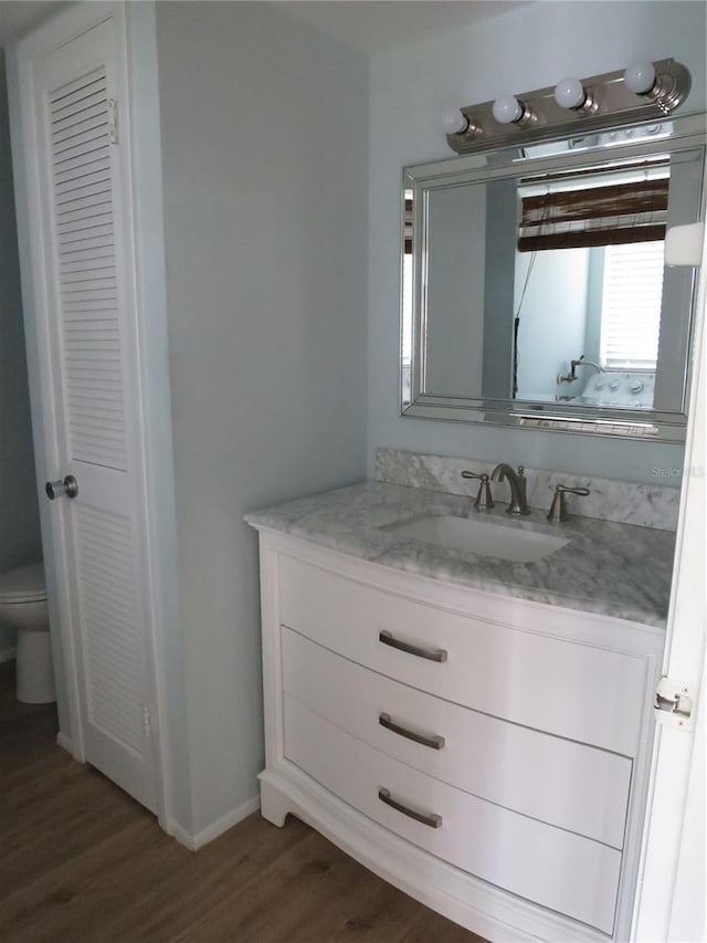 bathroom with toilet, a closet, wood finished floors, and vanity