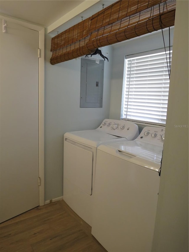 laundry area featuring laundry area, electric panel, washing machine and clothes dryer, and wood finished floors