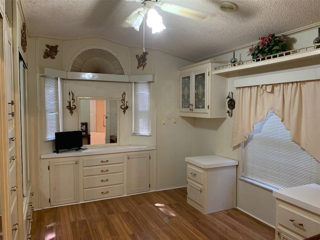 bathroom featuring a textured ceiling, lofted ceiling, ceiling fan, and hardwood / wood-style floors