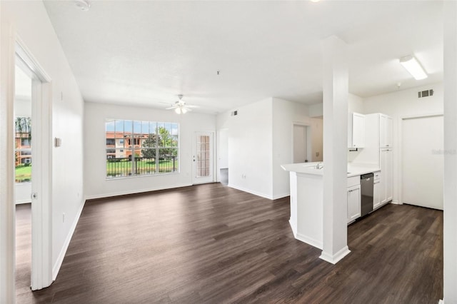 kitchen featuring dark hardwood / wood-style flooring, dishwasher, white cabinetry, and ceiling fan