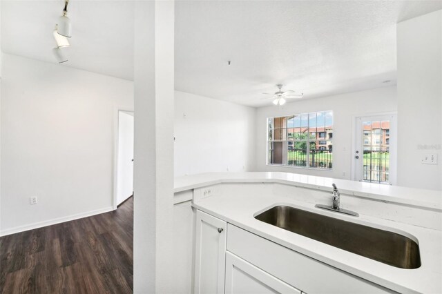 kitchen featuring white cabinets, dark hardwood / wood-style flooring, ceiling fan, track lighting, and sink