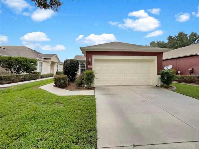 ranch-style home with a garage and a front yard